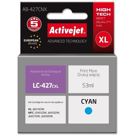 Activejet Brother Printer Ink cartridge, Replacement For Brother LC-427CXL; Supreme; 53 ml; Light Blue - (AB-427CNX)