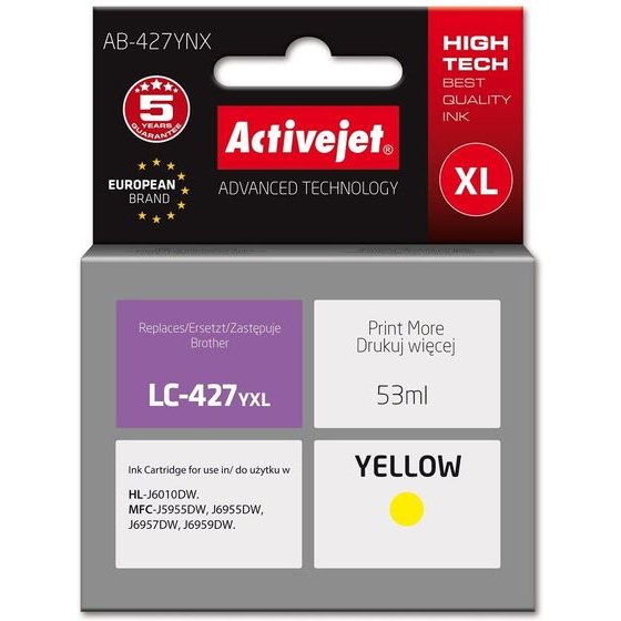 Activejet Brother Printer Ink cartridge, Replacement For Brother LC-427YXL; Supreme; 53 ml; Yellow - (AB-427YNX)