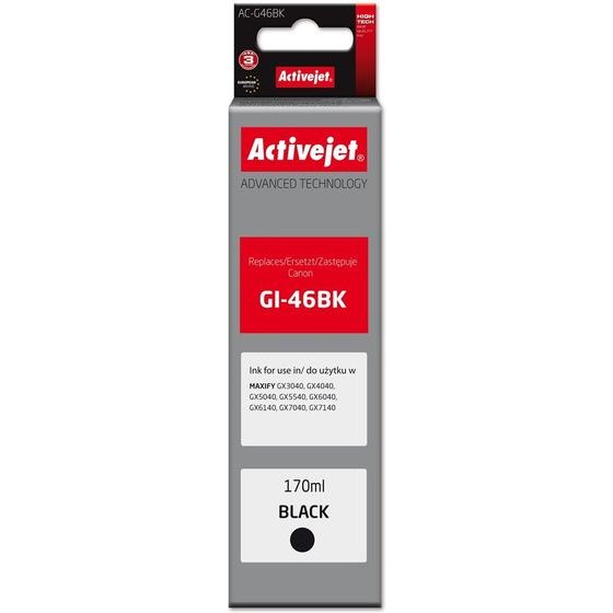 Activejet Ink Cartridge For Canon printers, Replacement For Canon GI-46BK; Supreme; 170 ml; Black - (AC-G46BK)