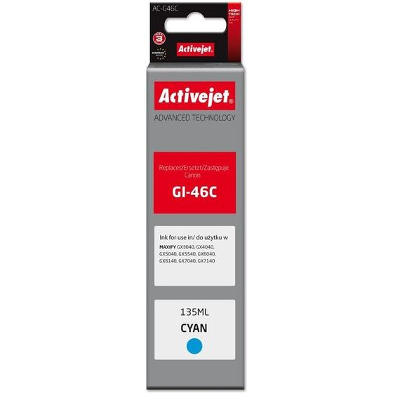 Activejet Ink Cartridge For Canon printers, Replacement For Canon GI-46C; Supreme; 135 ml; Cyan - (AC-G46C)