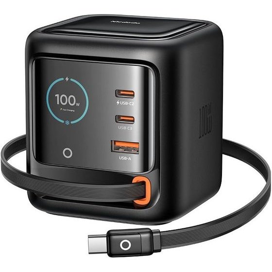 Mcdodo - Charger Freego Series - With Retractable USB-C Cable, 2x USB-C + 1x USB-A, 100W, GaN, Digital Display - Black - (CH-1391)