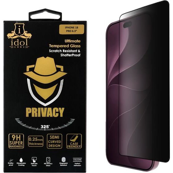 Idol 1991 Privacy Antispy Tempered Glass Iphone 18 Pro 6.3in 9H 0.25mm Semi Curved Full Glue BLACK