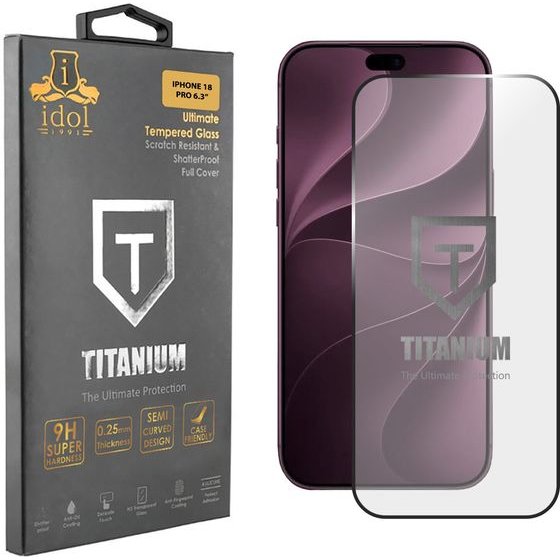 Idol 1991 Titanium Tempered Glass Iphone 18 Pro 6.3in 9H 0.25mm Semi Curved Finger Unlock Full Glue BLACK