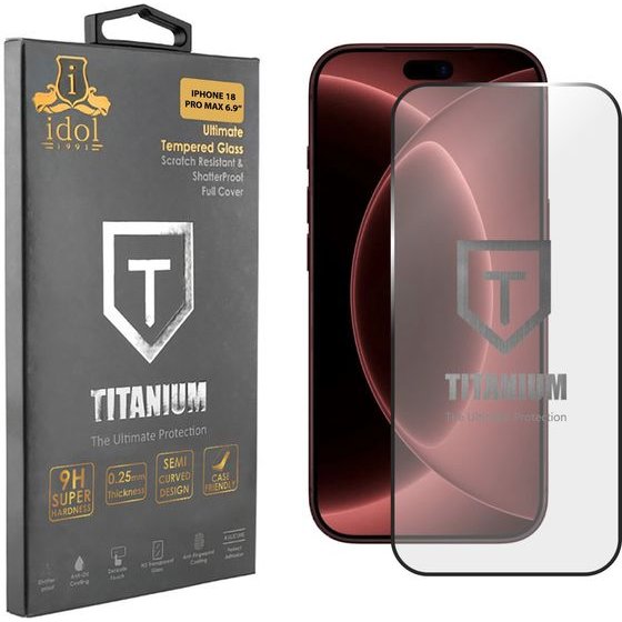 Idol 1991 Titanium Tempered Glass Iphone 18 Pro Max 6.9in 9H 0.25mm Semi Curved Finger Unlock Full Glue BLACK