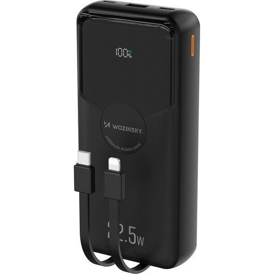 Wozinsky 20000mAh 22.5W PD20W Powerbank With Built-In Lightning And USB-C Cables - Black 5907769388071 - (WFC-15B)