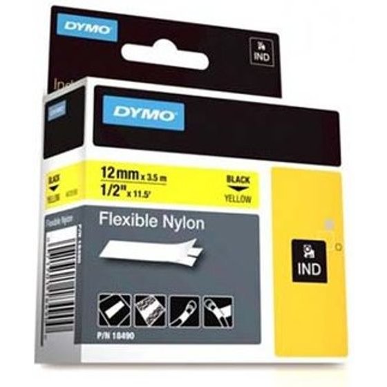 Dymo original tape cassette, , black printing/yellow base., 3.5m, 12mm, RHINO flexible nylon - (18490)