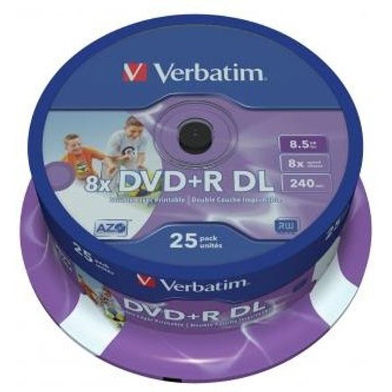 Verbatim DVD+R DL, Double Layer Wide Inkjet Printable, 8.5GB, 8x, spindle, 25-pack, 12cm, for data archiving - (43667)