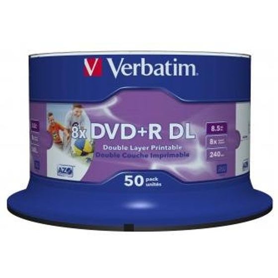 Verbatim DVD+R DL, Double Layer Wide Inkjet Printable, 8.5GB, 8X, spindle, 50-pack, 12cm, for data archiving - (43703)