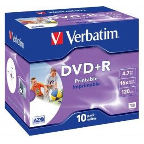 Verbatim DVD+R, Wide Inkjet Printable ID Brand, 4.7GB, 16x, jewel box, 10-pack, 12cm, for data archiving - (43508)