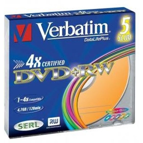 Verbatim DVD+RW, Colour, 4.7GB, 4x, slim box, 5-pack, without printing possibility, 12cm, for data archiving - (43297)