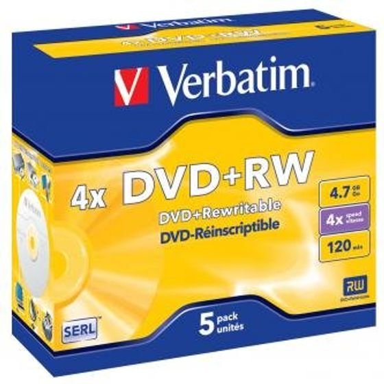 Verbatim DVD+RW, Matt Silver, 4.7GB, 4x, jewel box, 5-pack, without printing possibility, 12cm, for data archiving - (43229)