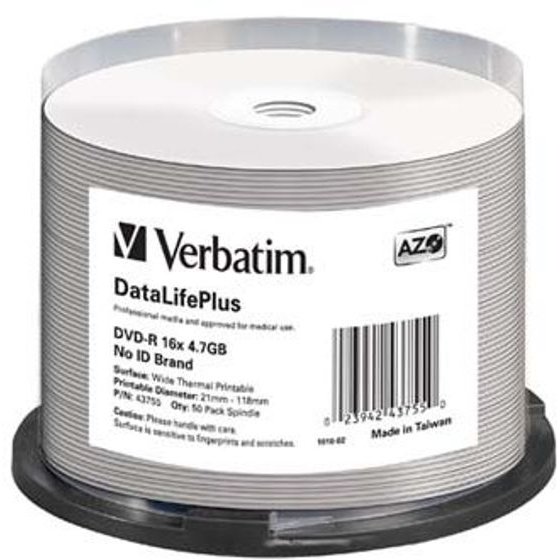 Verbatim DVD-R, DataLifePlus Wide Thermal Printable - No ID Brand, 4.7GB, 16x, spindle, 50-pack, 12cm, for data archiving - (43755)