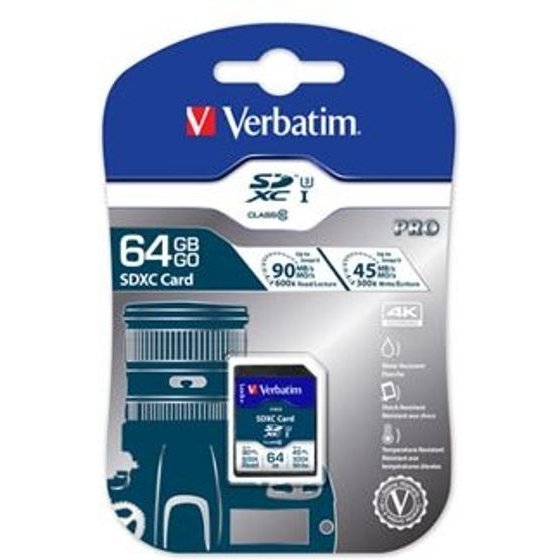 Verbatim memory card Secure Digital Card Pro U3, 64GB, SDXC, UHS-I U3 (Class 10), V30 - (47022)