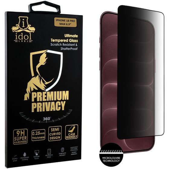 Idol 1991 Premium Privacy Antispy Tempered Glass Iphone 18 Pro Max 6.9in 9H 0.25mm Semi Curved Full Glue BLACK