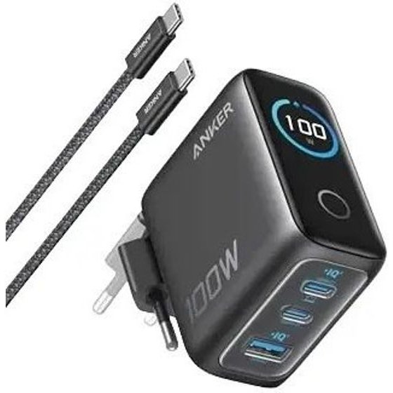 Anker Wall Charger 100W, 2xUSB-C, 1xUSB-A, Smart Display, Foldable Plug, Grey - (B121BGZ1)