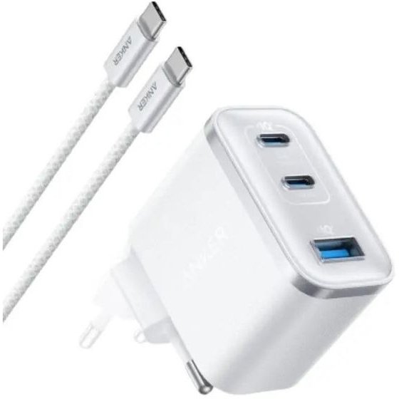 Anker Wall Charger Nano 70W, 2xUSB-C, 1xUSBA, Foldable Plug, White - (A121AL21)