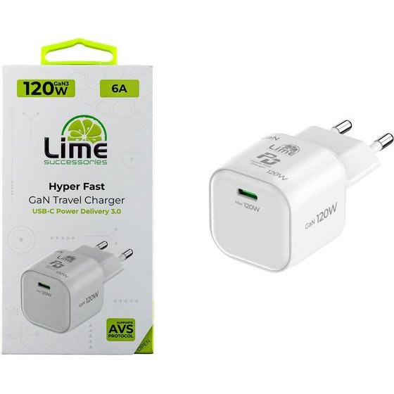 Lime Successories Lime USB-C Gan Pd 3.2 Avs Hyper Fast Travel Qc 3.2 LCC120W 5V-9V 4A/ 12V 5A/ 15V-20V 6A 120W WHITE