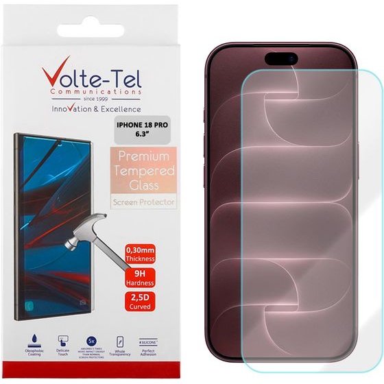 Volte-Tel Tempered Glass Iphone 18 Pro 6.3in 9H 0.30mm 2.5D Full GLUE