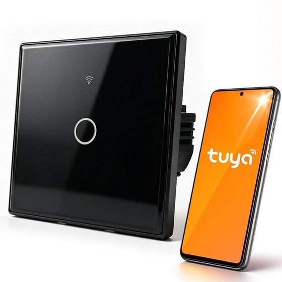 QOLTEC Smart Touch 1-Gang Light Switch | Wi-Fi | Timer | Tuya | Smart Life | Tempered Glass | Black - (52711)
