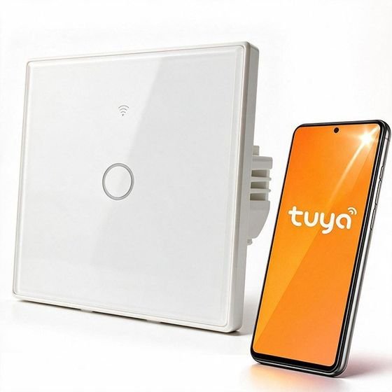QOLTEC Smart Touch 1-Gang Light Switch | Wi-Fi | Timer | Tuya | Smart Life | Tempered Glass | White - (52715)