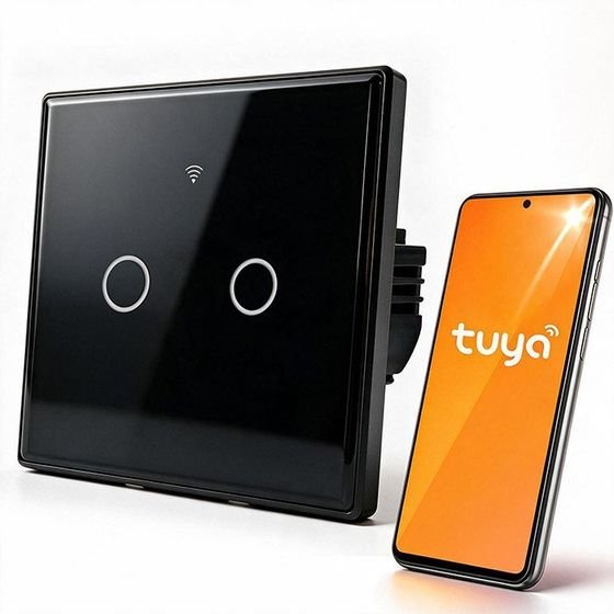 QOLTEC Smart Touch 2-Gang Light Switch | Wi-Fi | Timer | Tuya | Smart Life | Tempered Glass | Black - (52712)