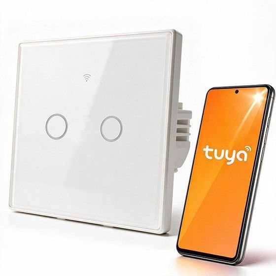 QOLTEC Smart Touch 2-Gang Light Switch | Wi-Fi | Timer | Tuya | Smart Life | Tempered Glass | White - (52716)