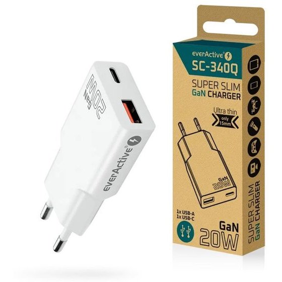 EVERACTIVE Charger Gan Super Slim Usb QC3.0 And USB-C Pd 20W - (SC-340Q)