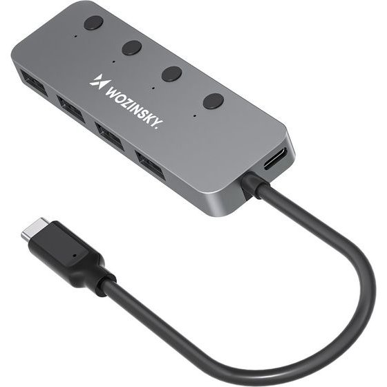 Wozinsky WHS080YSs 4 x USB-A 3.0 Aluminum Hub With Individual Switches And 15 Cm USB-C Cable - Gray 5907769389313 - (WHS088YSS)