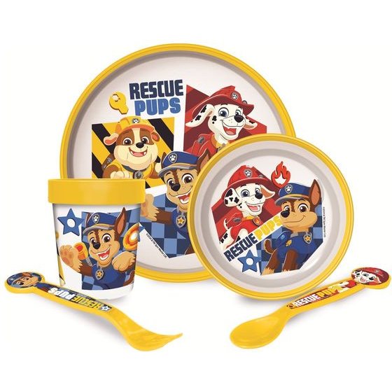 Stor: Paw Patrol Boy Rescue Pups 5 Pcs -Non Slip Bicolor Premium Set (Plate Bowl Tumbler 260 Ml & Cutlery) (81681)