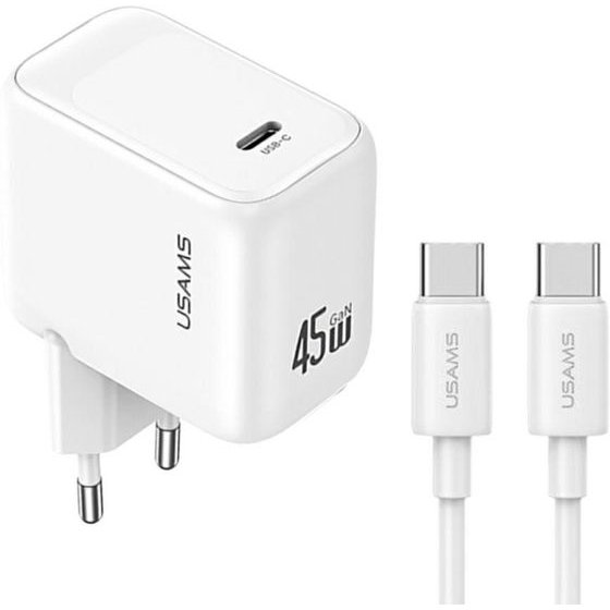 Usams CC339 T76 45W Gan USB-C Wall Charger + SJ711 USB-C To USB-C Cable (1m, White) - (T76TZ01)