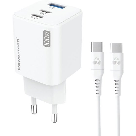 Powertech ���� ��������� ������ �� �������, USB/2x USB-C, 100W, GaN, ������ - (PT-1671)