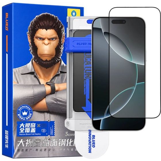Blueo - 3D Full Display Curved Edge HD Glass + Applicator Pro - iPhone 18 Pro/iPhone 17 Pro/iPhone 17/iPhone 16 Pro - Black