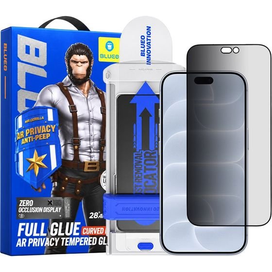 Blueo - Anti-Peep AR Privacy 3D Curved Glass with Applicator Pro - iPhone 18 Pro - Black