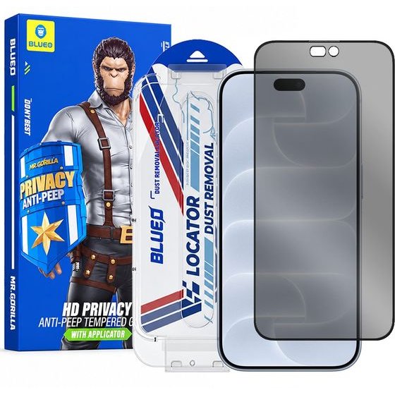 Blueo - Anti-Peep Privacy Glass with Applicator Pro - iPhone 18 Pro - Black