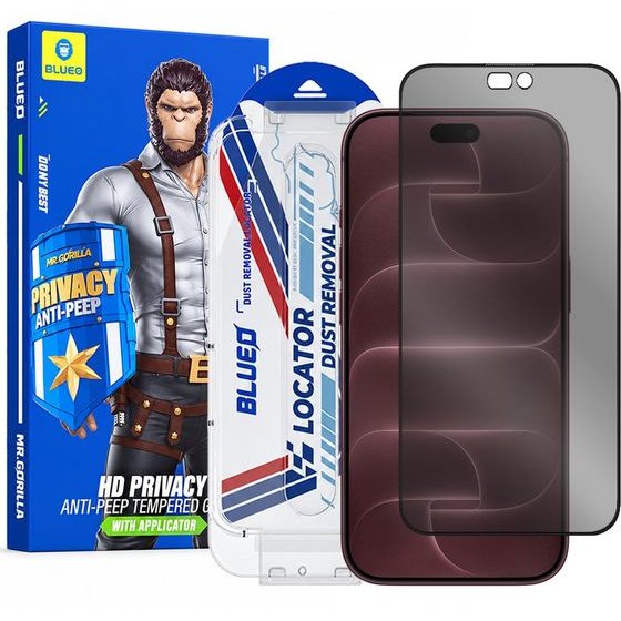 Blueo - Anti-Peep Privacy Glass with Applicator Pro - iPhone 18 Pro Max - Black