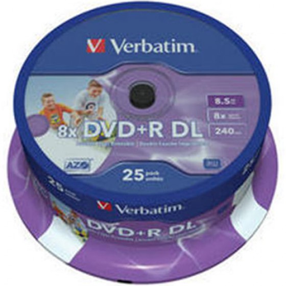 VERBATIM DVD+R DOUBLE LAYER INKJET PRINTABLE 25 TUB - (023942436676)