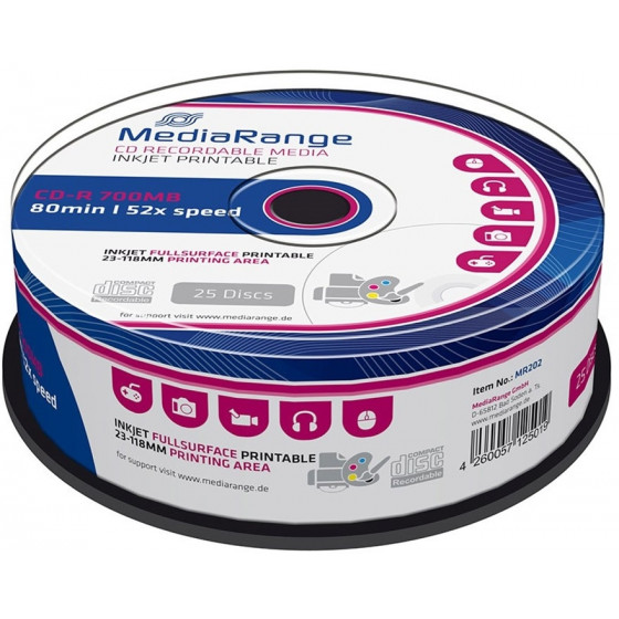 MR202 MEDIARANGE CD-R 80 52X INKJET - FULLSURFACE PRINTABLE CAKEBOX 25 PACK