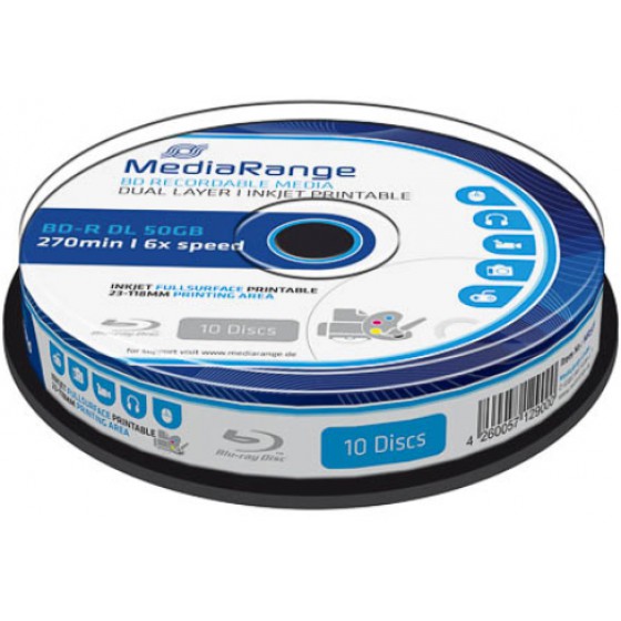 MEDIARANGE BD-R DUAL LAYER 50GB 6X INKJET FULLSURFACE PRINTABLE CAKE BOX X 10 (MR509)