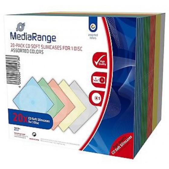 MEDIARANGE CD SOFT SLIMCASE FOR 1 DISC 5.0MM ASSORTED COLOURS (20 PACK) - (BOX37)