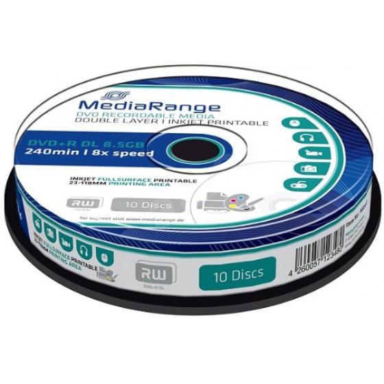 MEDIARANGE DVD+R DUAL LAYER 240 8.5GB 8X INKJET FULLSURFACE PRINTABLE CAKE BOX X 10 (MR468)