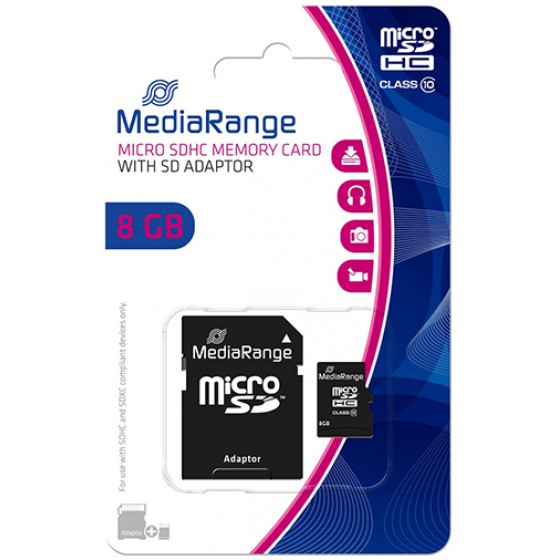 MEDIARANGE MICRO SDHC CLASS 10 WITH SD ADAPTOR 8GB - (MR957)