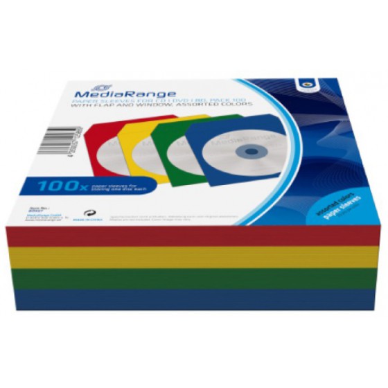 MEDIARANGE PAPER SLEEVES FOR 1 DISC ASSORTED COLOURS 100 PACK - (BOX67)