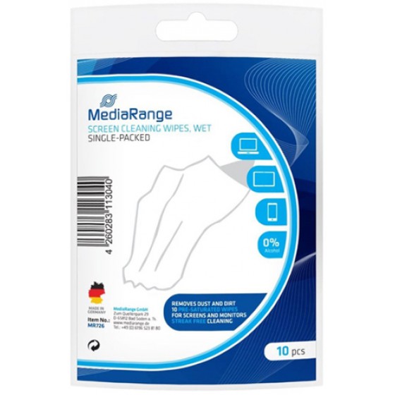MEDIARANGE SCREEN CLEANING WIPES WET SINGLE PACKED (10) - (MR726)