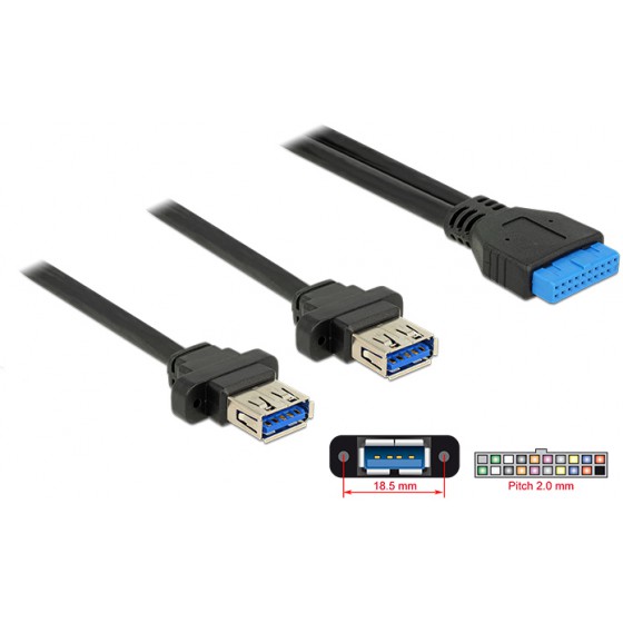 DELOCK ������� USB 3.0 19 PIN HEADER (F) �� 2X USB 3.0 TYPE-A (F), 80CM
