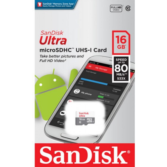 SANDISK ULTRA MICROSD 16GB ANDROID 80MB/S - (SDSQUNS-016G-GN3MN)