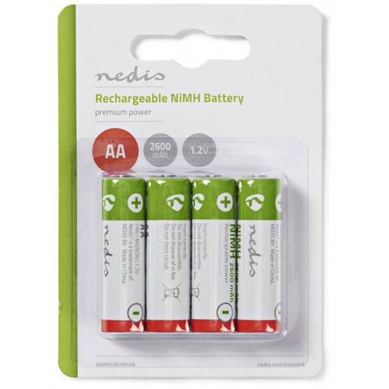 NEDIS RECHARGEABLE NI-MH BATTERY AA 1.2V 2600MAH 4 PIECES BLISTER - (BANM26HR64B)