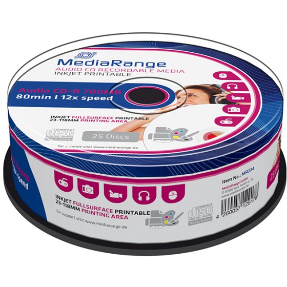MEDIARANGE AUDIO CD-R 700MB 80MIN 12X INKJET FULLSURFACE PRINTABLE CAKE 25��� - (MR224)