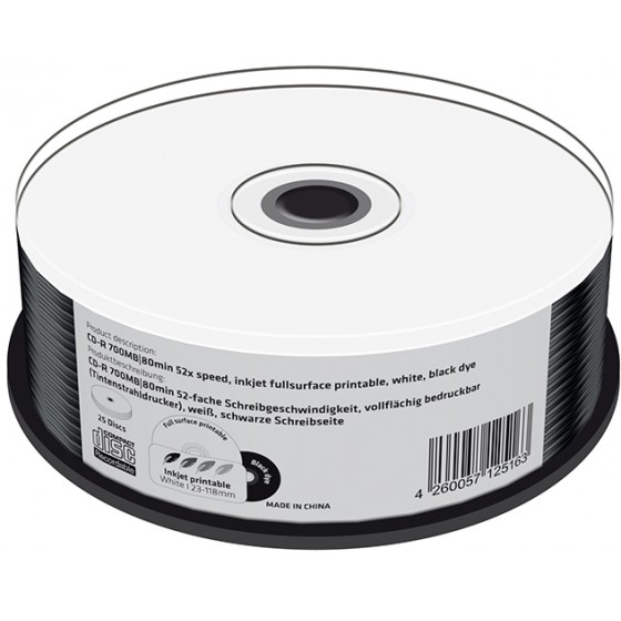 MEDIARANGE CD-R 700MB 80MIN 52X INKJET FULLSURFACE PRINTABLE BLACK DYE CAKE 25��� - (MR241)