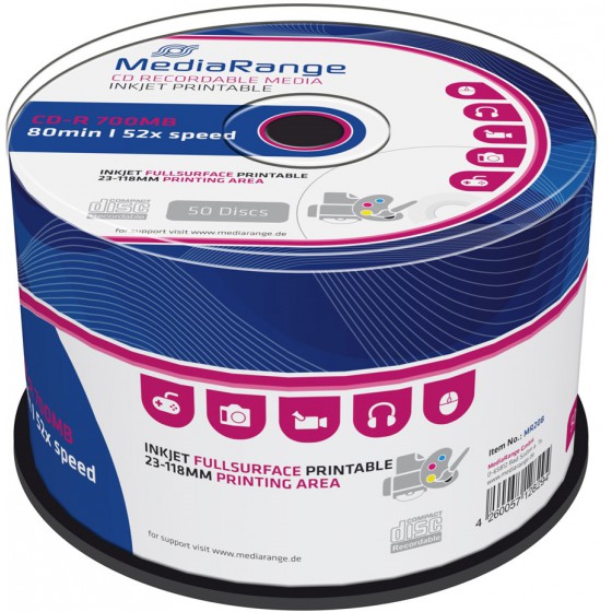 MEDIARANGE CD-R 700MB 52X INKJET FULLSURFACE PRINTABLE CAKE BOX 50��� - (MR208)