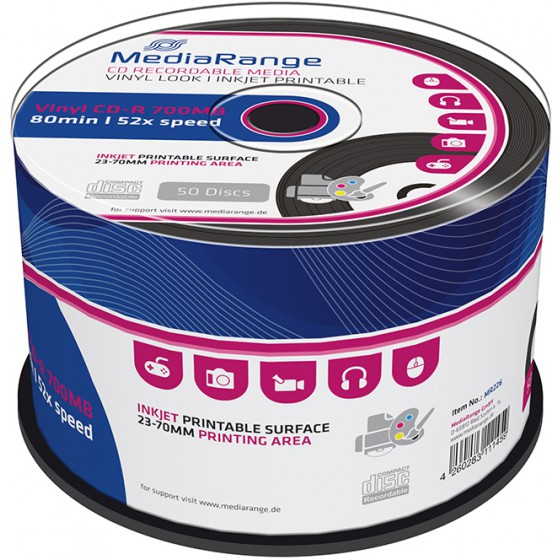 MEDIARANGE VINYL CD-R 700MB 52X INKJET PRINTABLE BLACK DYE CAKE 50��� - (MR226)